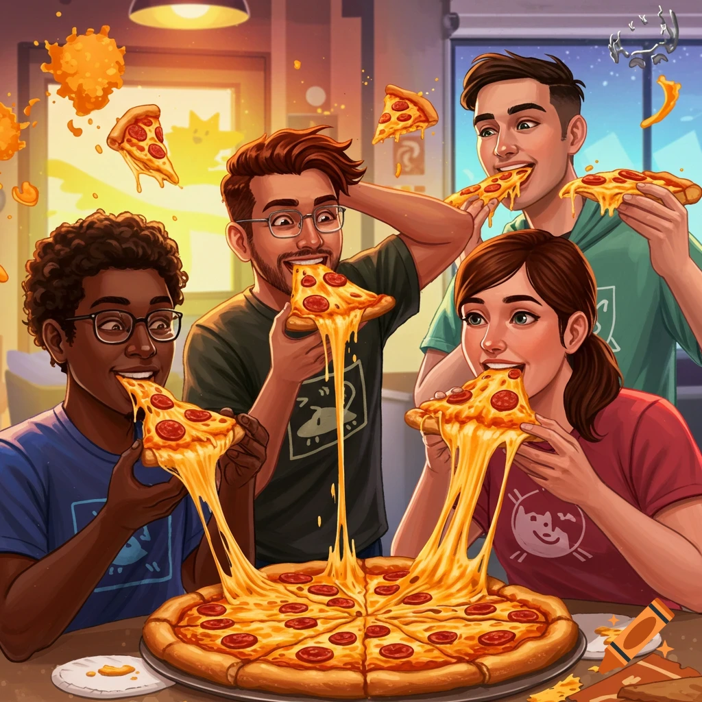 Four diverse people eating very cheesy pizza.