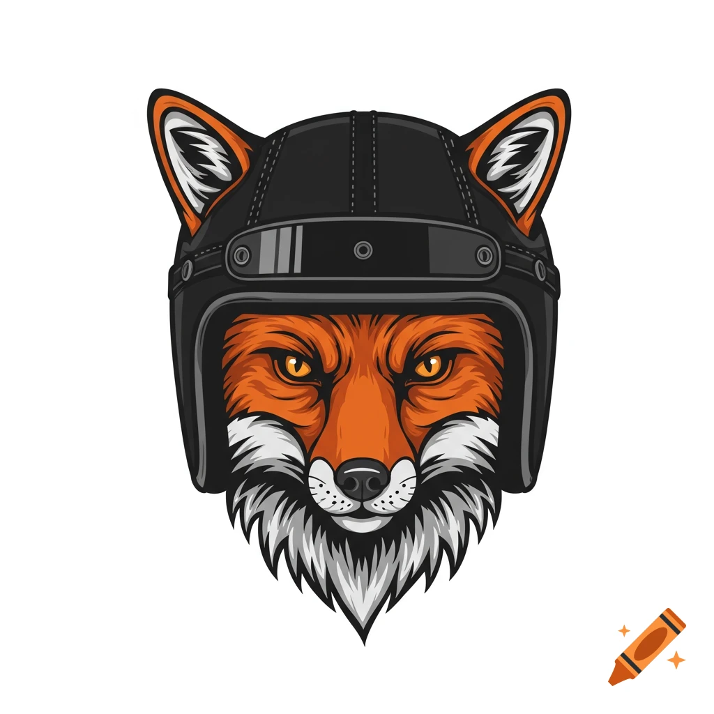 Illustration of a fox wearing a black motorcycle helmet.