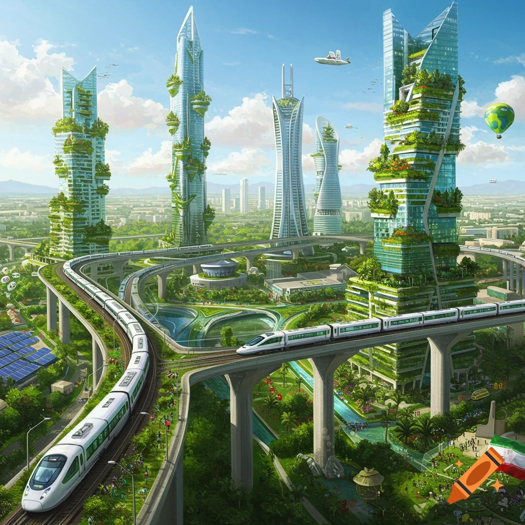 A futuristic green city with buildings covered in vegetation and elevated trains.
