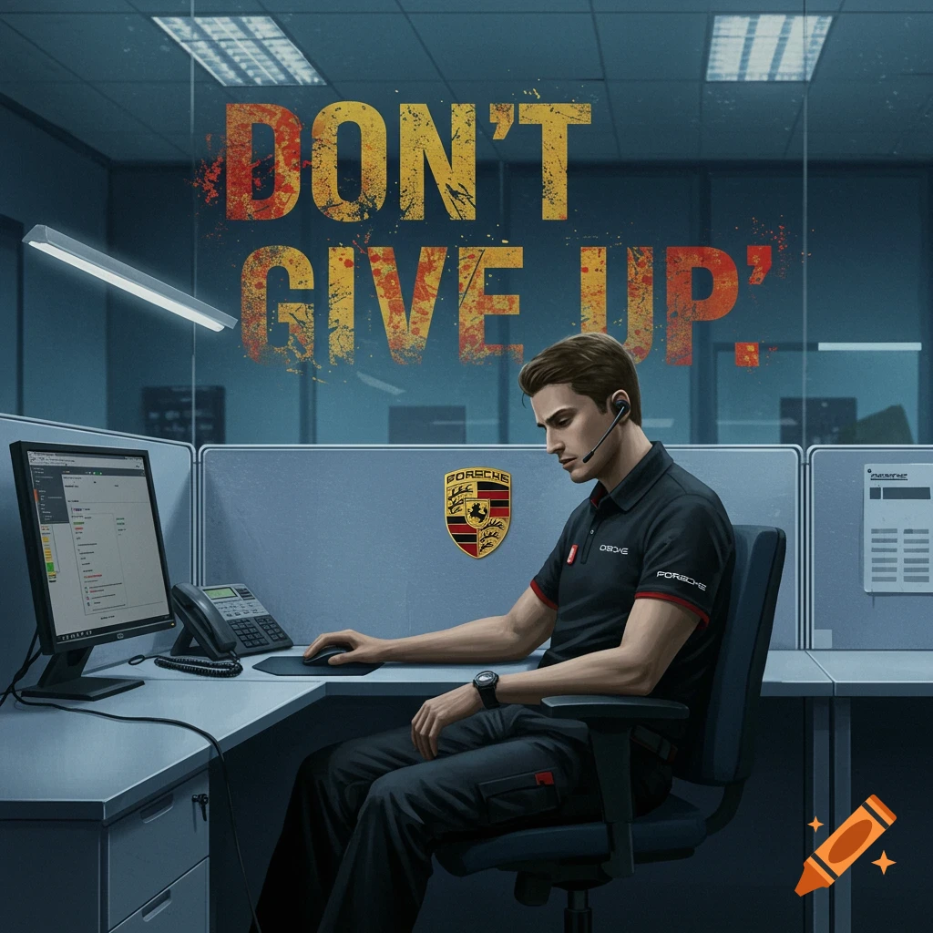 A man in a Porsche shirt is working at a desk, with 'DON'T GIVE UP'' text behind him.