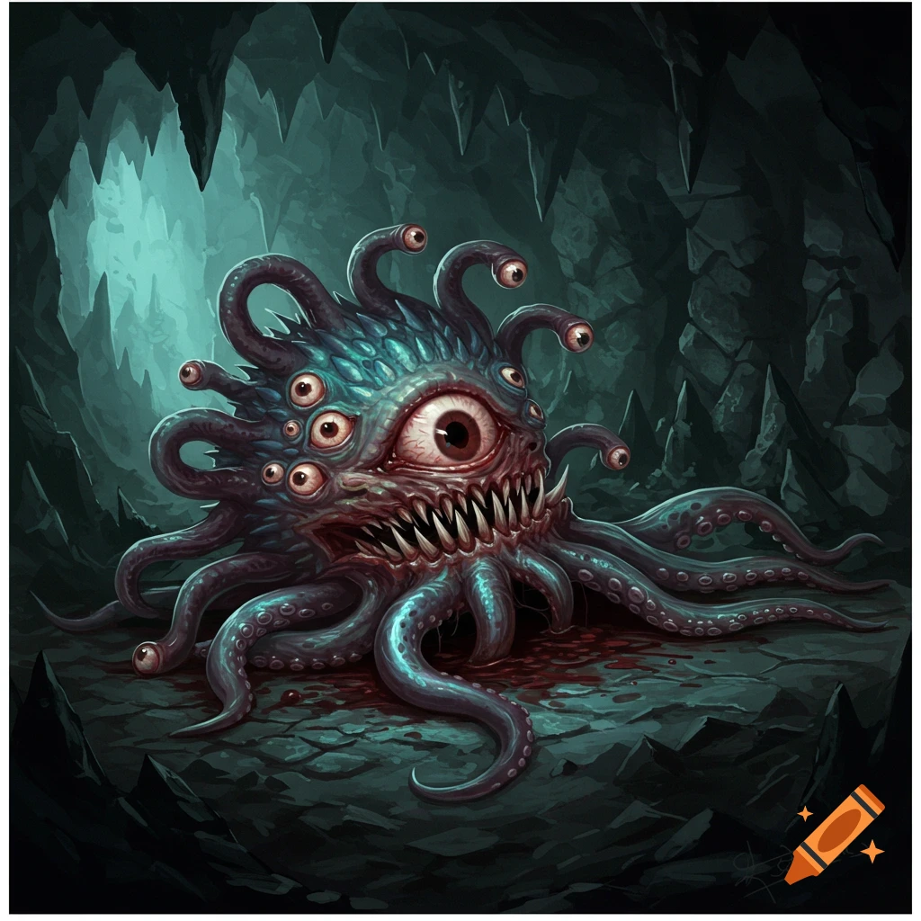 A multi-eyed monster with tentacles is lying in a cave with blood.