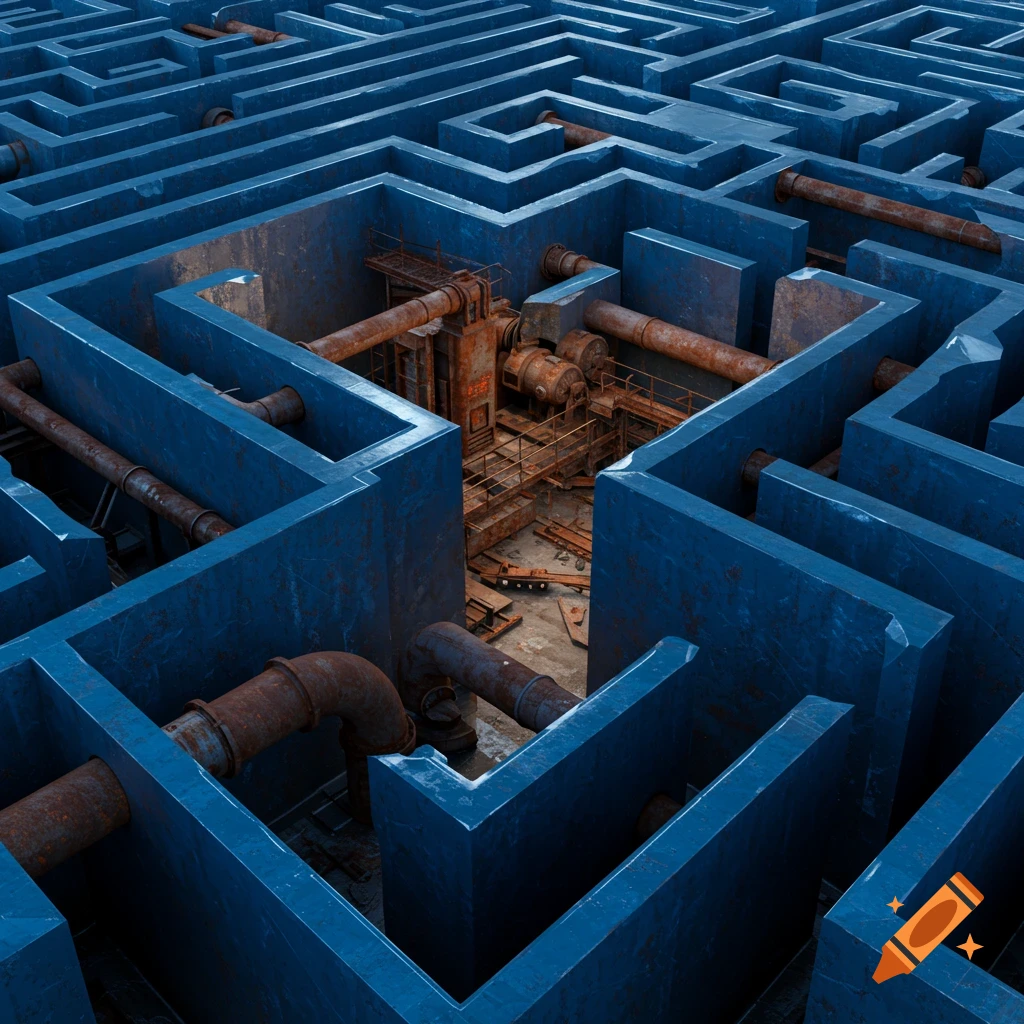 A blue metallic maze with rusty pipes and a broken facility inside.