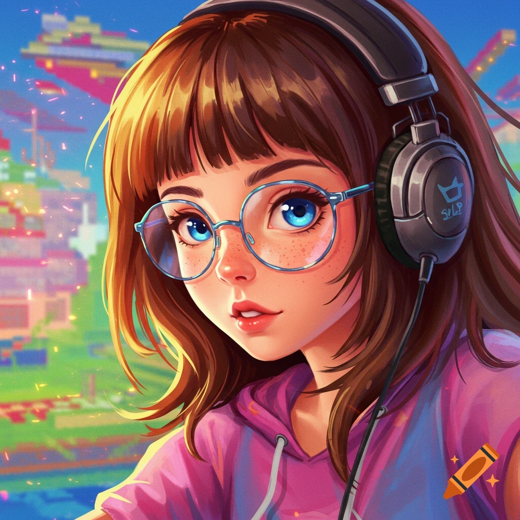 Image of a gamer girl with glasses and headphones in a pixelated world.