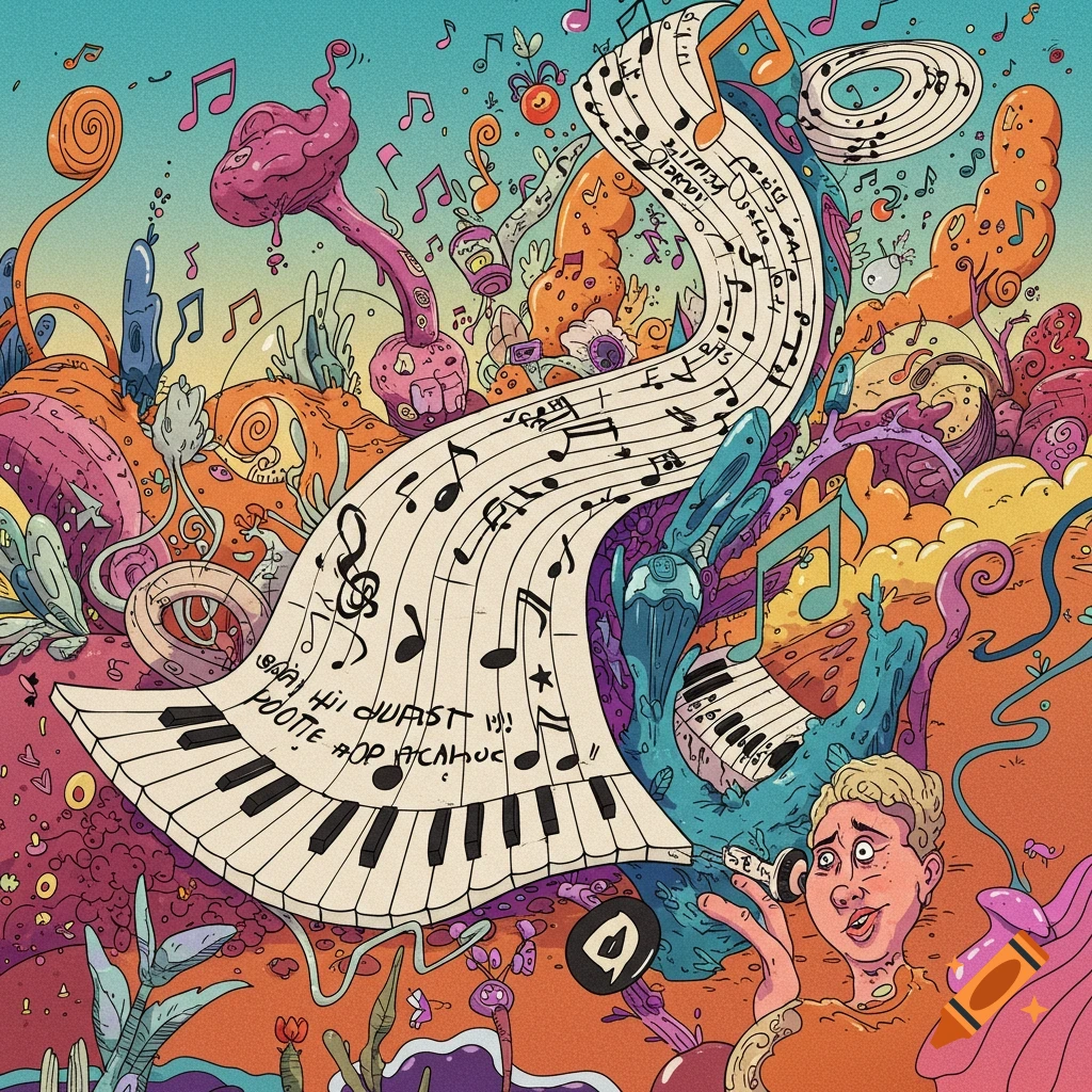 A surreal, colorful illustration featuring musical notes, a flowing piano keyboard, abstract plants, and a person holding a microphone.