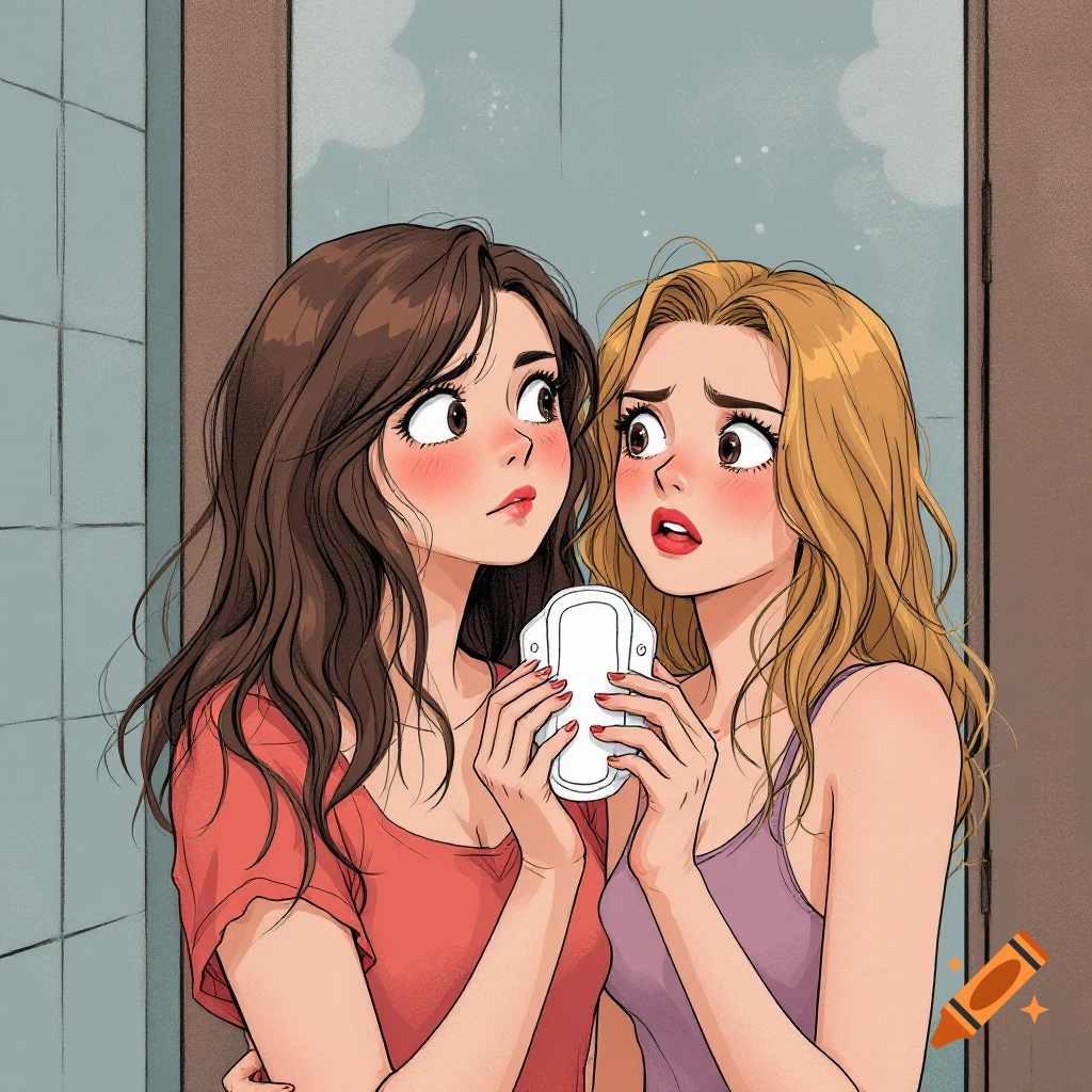 Cartoon drawing of two girls looking surprised while holding a sanitary pad.
