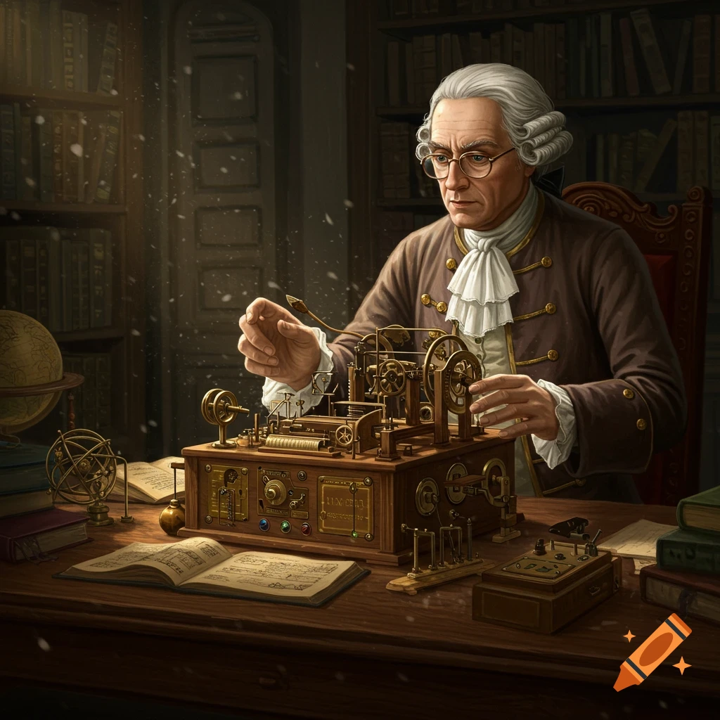 A historical figure in a wig and brown coat works on a complex machine at a desk in a library.