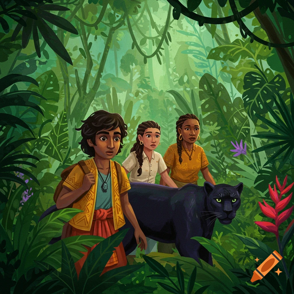 Illustration of three people and a black panther in a dense jungle.