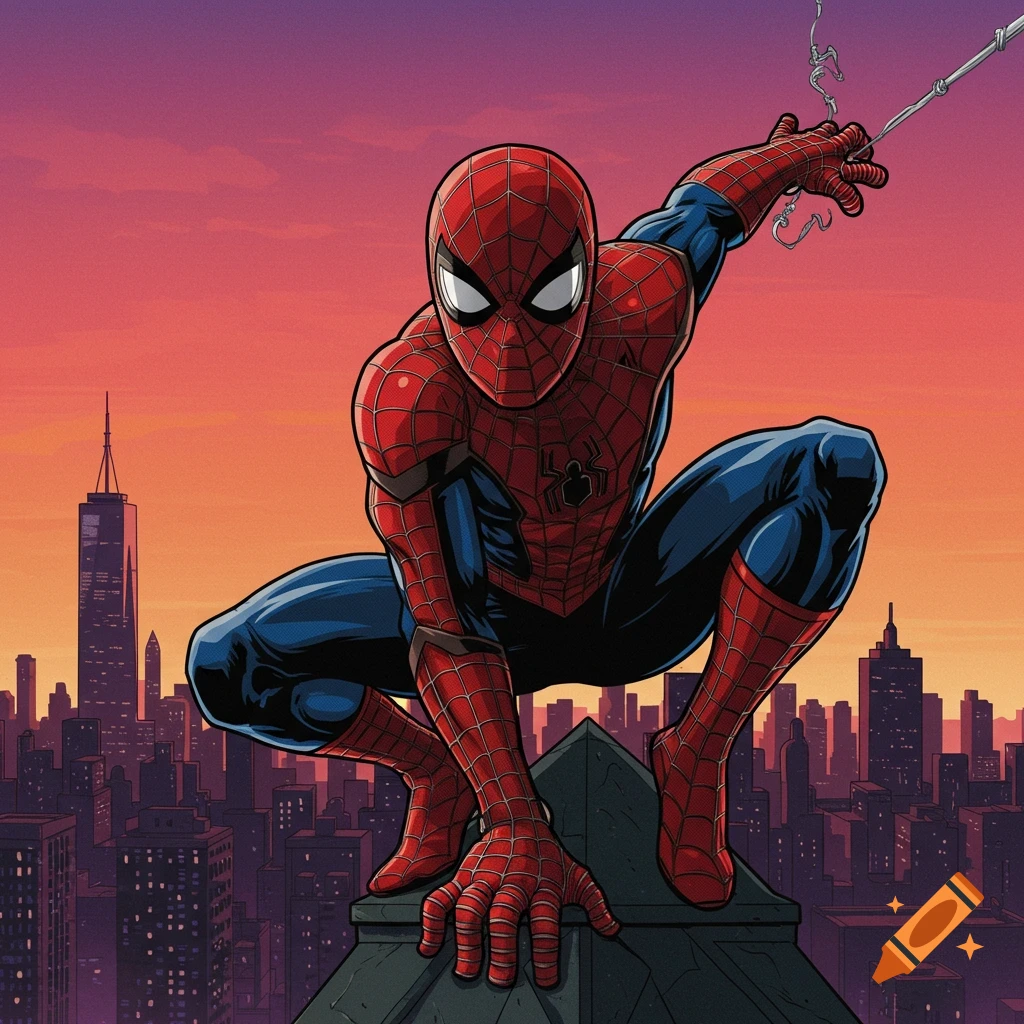 Spider-Man crouches on a building overlooking a city skyline at sunset in a comic book style.