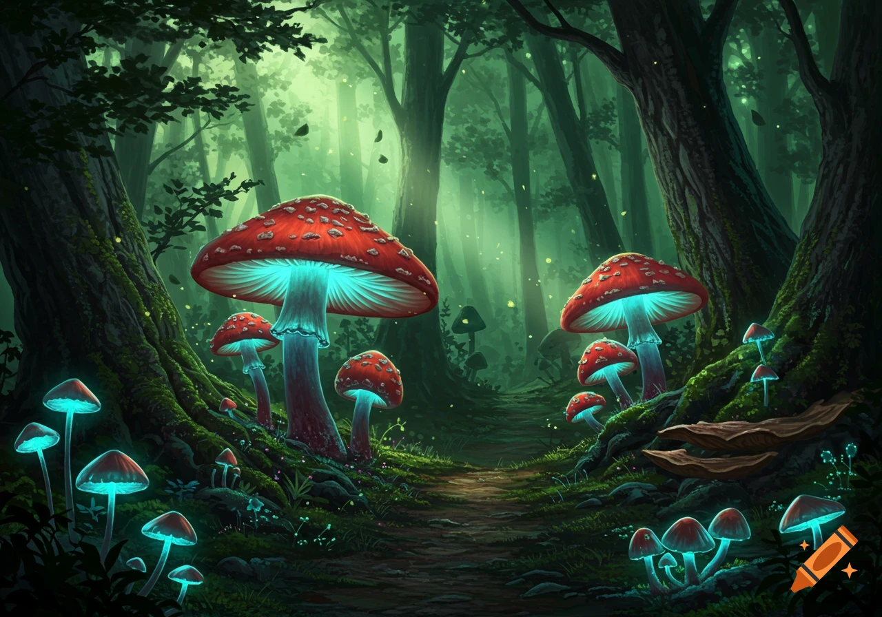 Glowing red and blue mushrooms in an enchanted forest.
