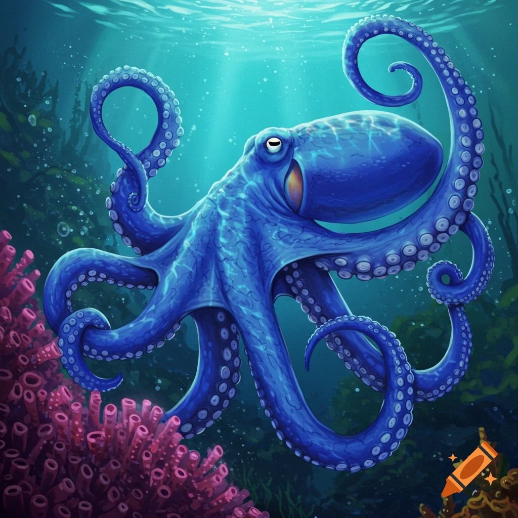A bright blue octopus swims among coral in clear blue water.