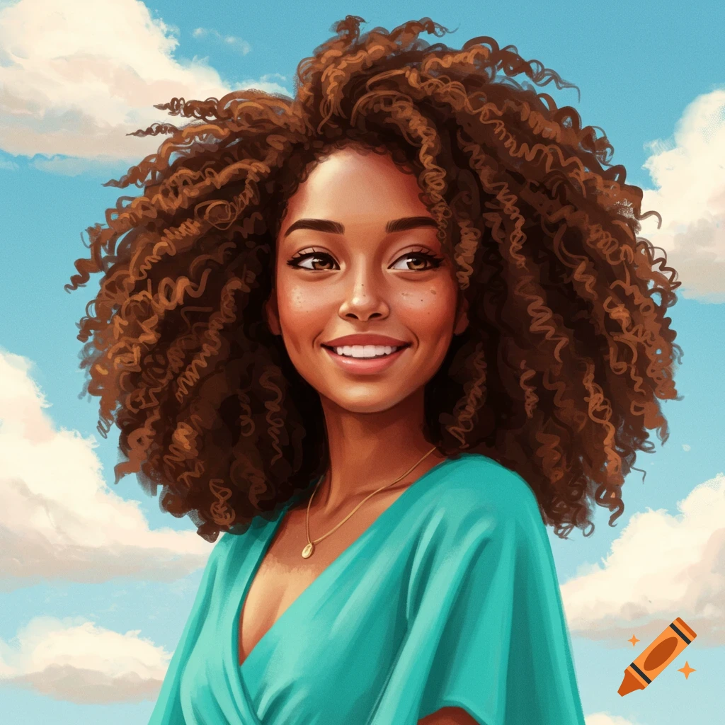 A woman with curly brown hair is smiling against a cloudy sky.