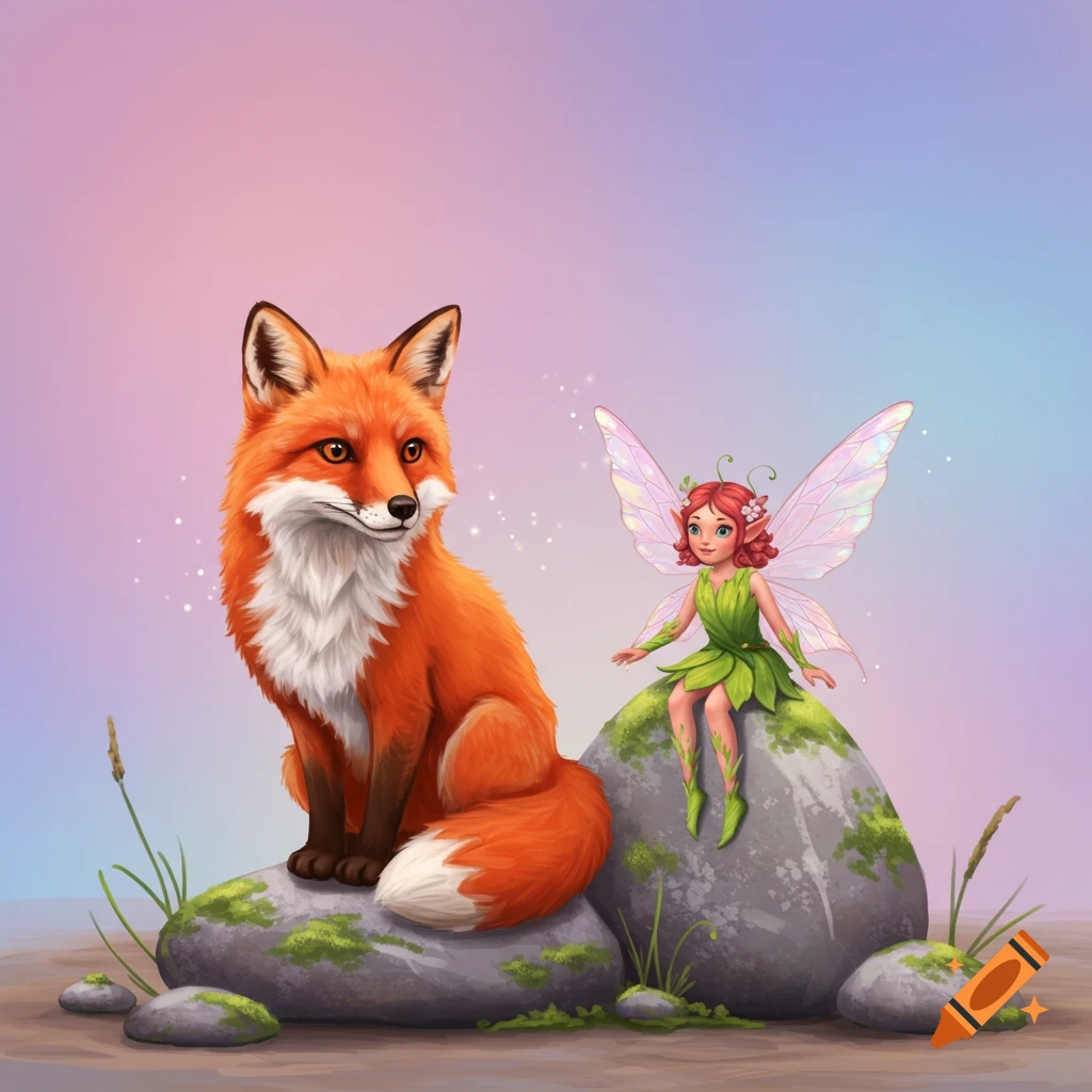 A fox and a fairy are sitting on rocks with a gradient sky background.