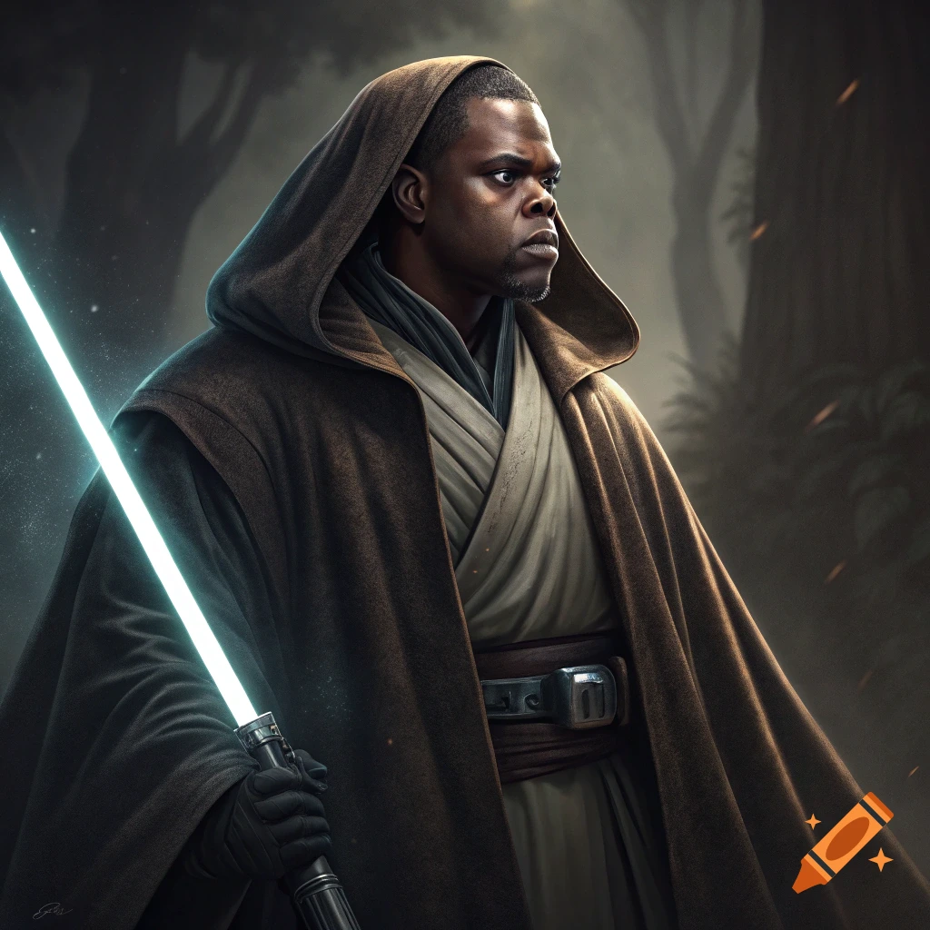 Portrait of a Black man in a brown hooded robe holding a blue lightsaber in a forest.