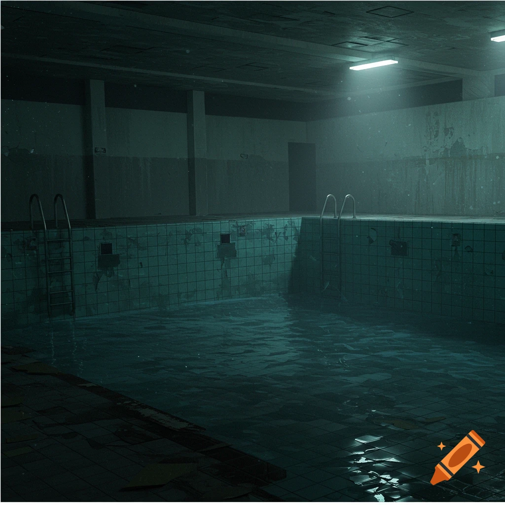 A dimly lit, eerie, abandoned indoor swimming pool.