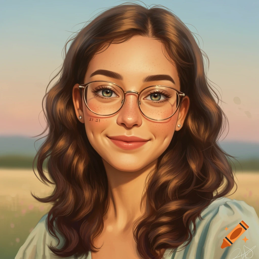 Portrait of a smiling woman with glasses and wavy brown hair outdoors.