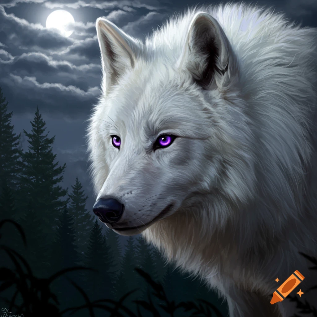 A white wolf with glowing purple eyes stands in a dark forest at night, illuminated by the moon.