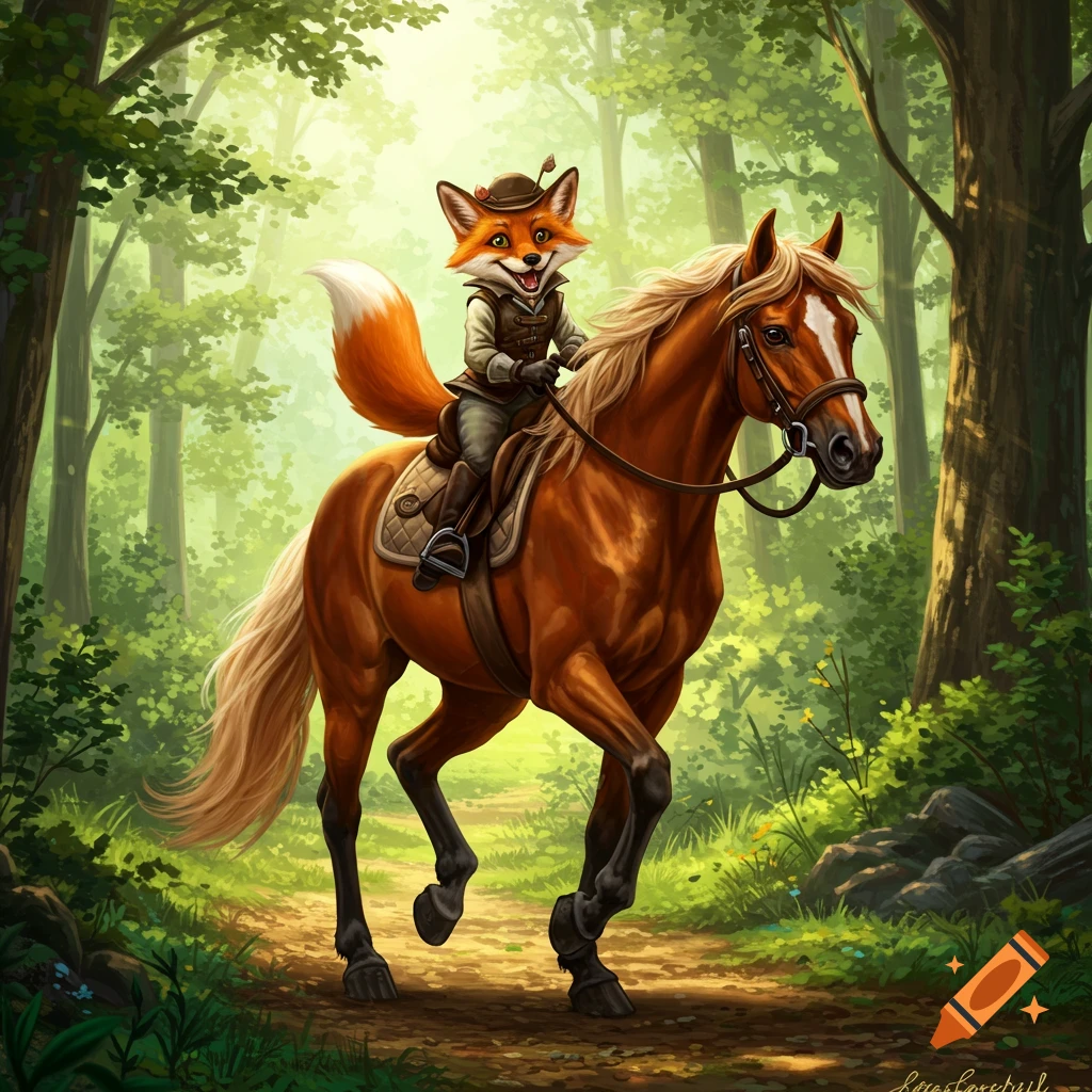 A cartoon fox in a hat rides a horse through a sunlit forest.
