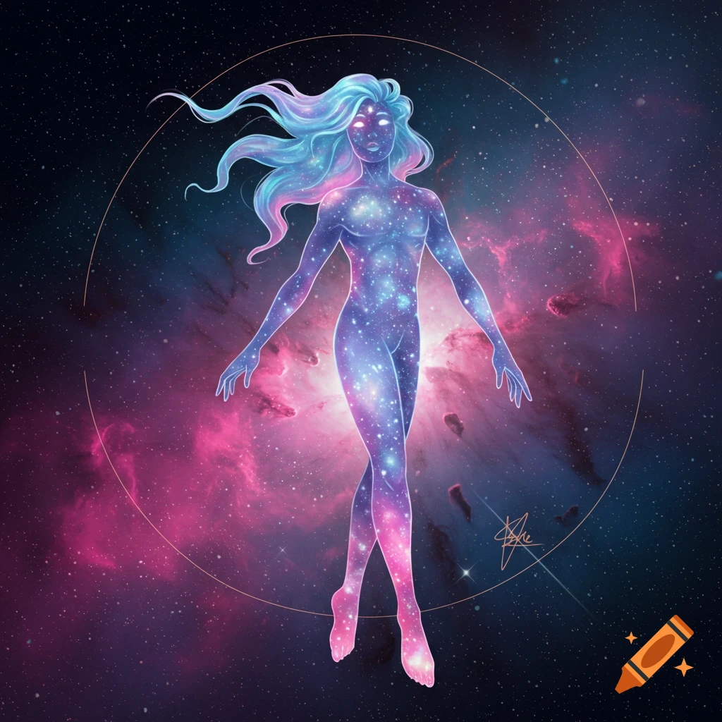 A cosmic figure made of stars and galaxies floats in space with a nebula background.