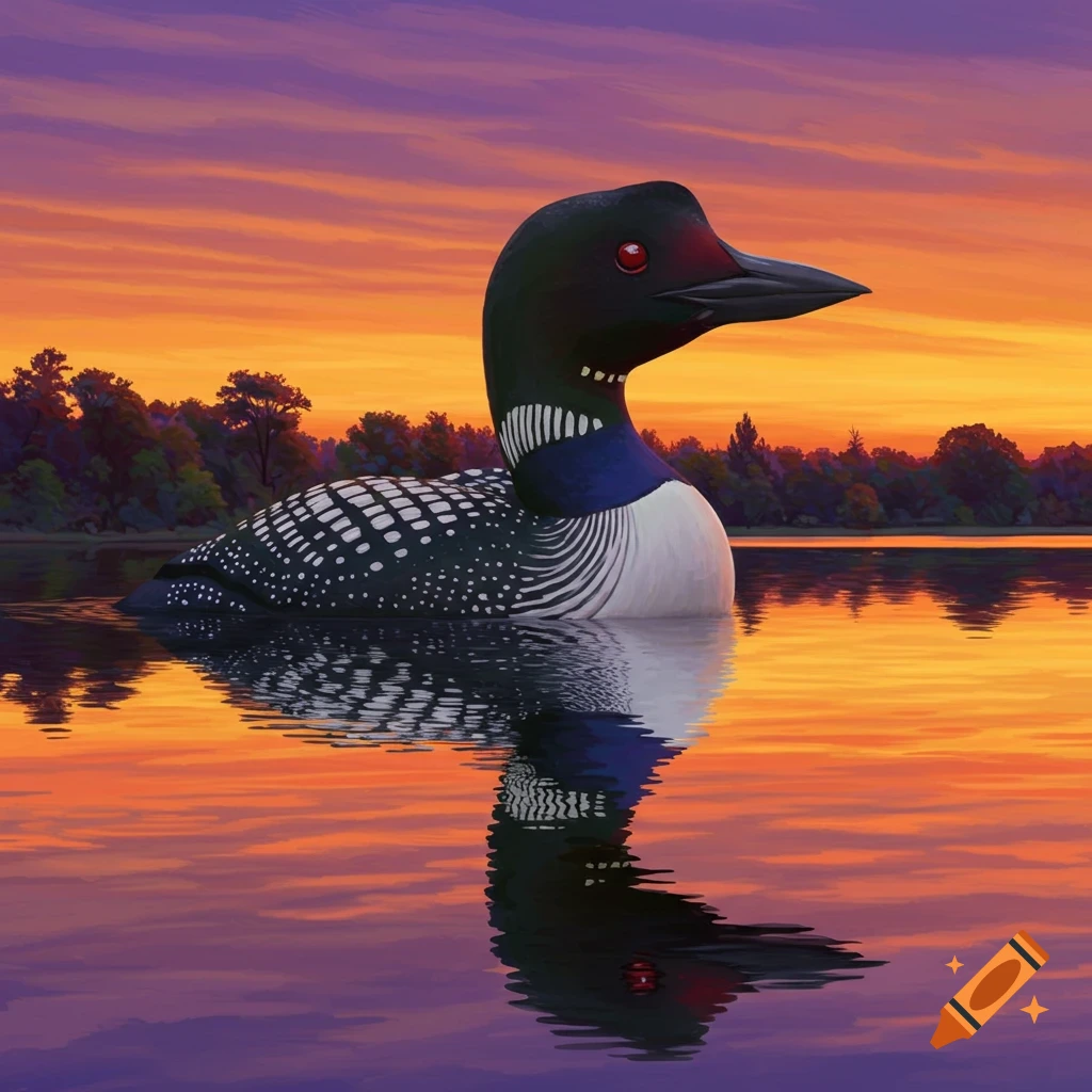 A loon swimming in a lake at sunset.