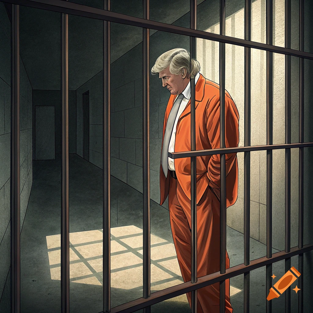 Illustration of a figure resembling Donald Trump in an orange prison suit behind bars.