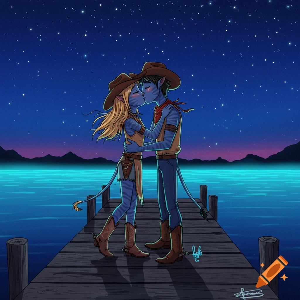 Avatar couple in cowboy hats and boots kissing on a dock under a starry sky.