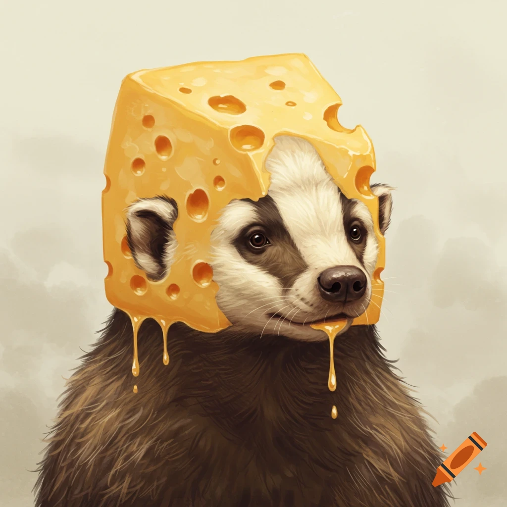 A badger with a block of cheese on its head, dripping.