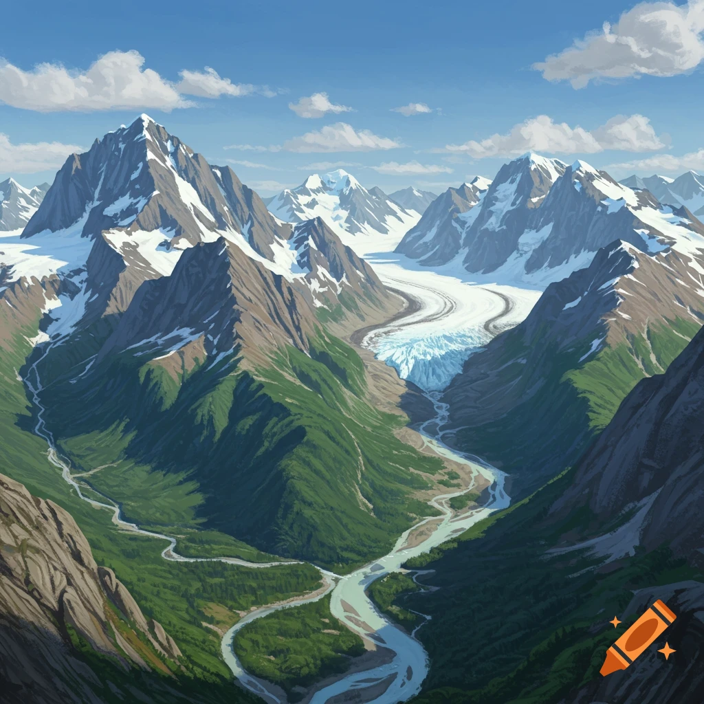 Vast mountainous landscape with a glacier, river, and green valley under a blue sky.