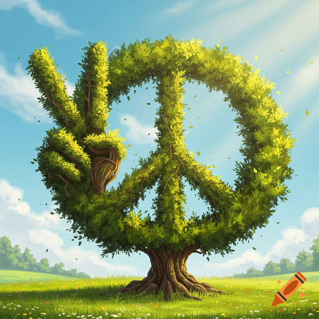 A tree shaped like a peace sign and a victory hand in a grassy field.