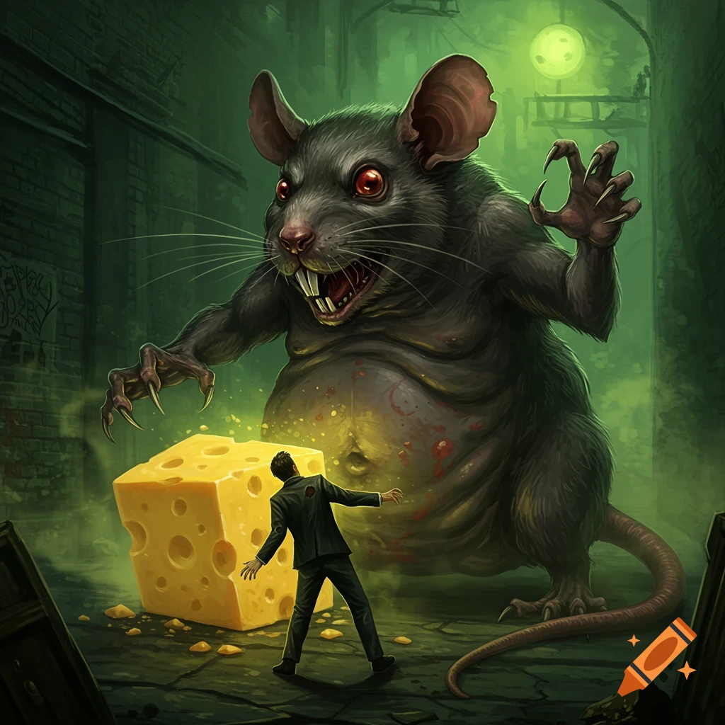 A giant monstrous rat looms over a man next to a large block of cheese in a dark alley.