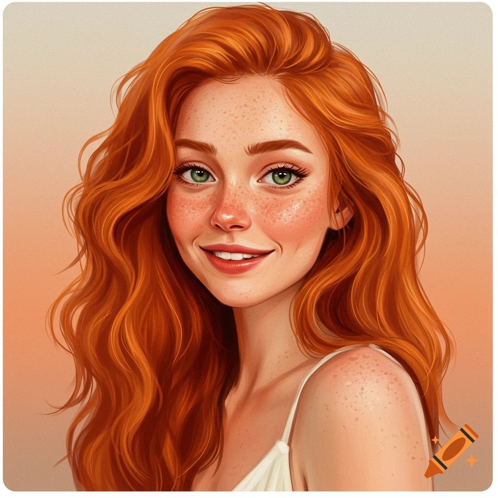 A close-up of a smiling woman with long red hair, green eyes, and freckles.