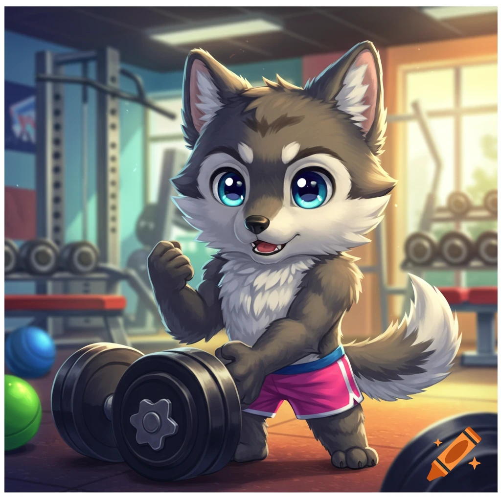 A cute cartoon chibi wolf stands in a gym next to dumbbells, flexing its arm.