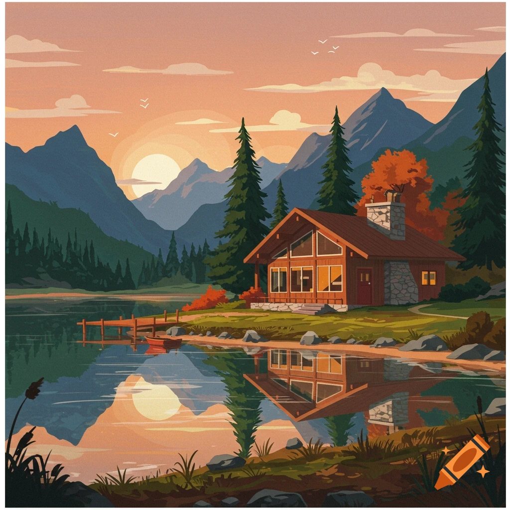 Midcentury modern cottage by a lake in the mountains at sunset.