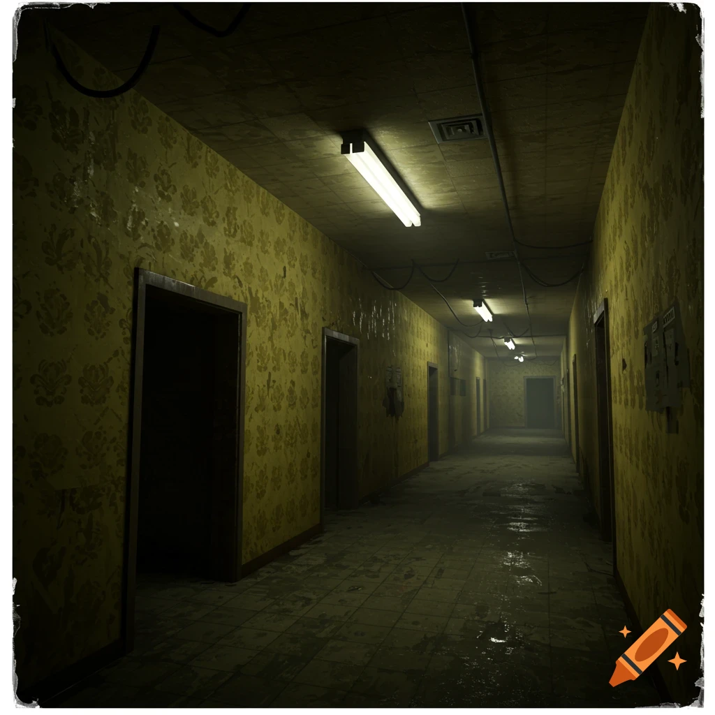 A long, dark, empty hallway with yellow floral wallpaper, wet floor, and fluorescent lights.