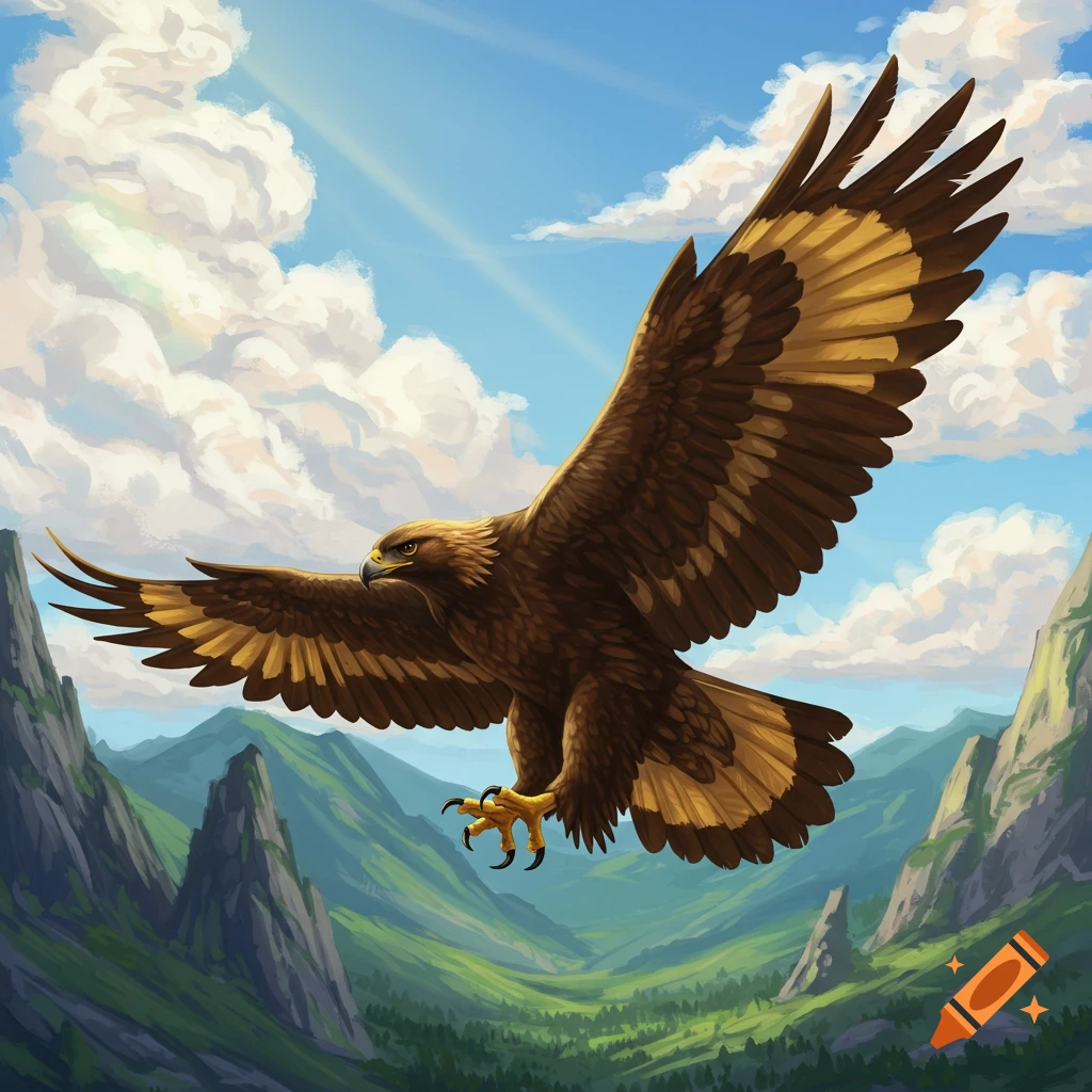 A golden eagle soars over a mountain valley under a sunny sky.