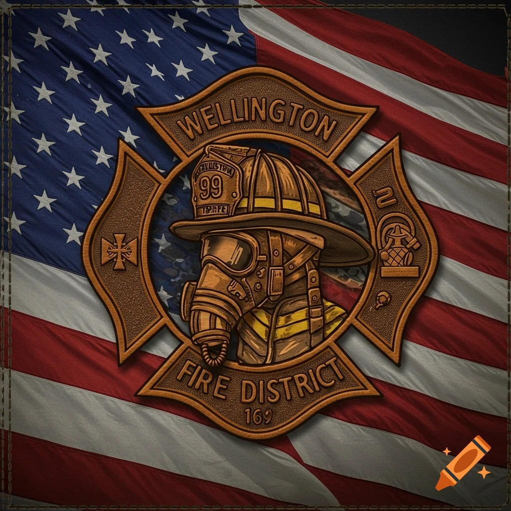 Detailed logo featuring a firefighter helmet and mask on a Maltese cross emblem, layered over a waving American flag background, in a style suitable for engraving