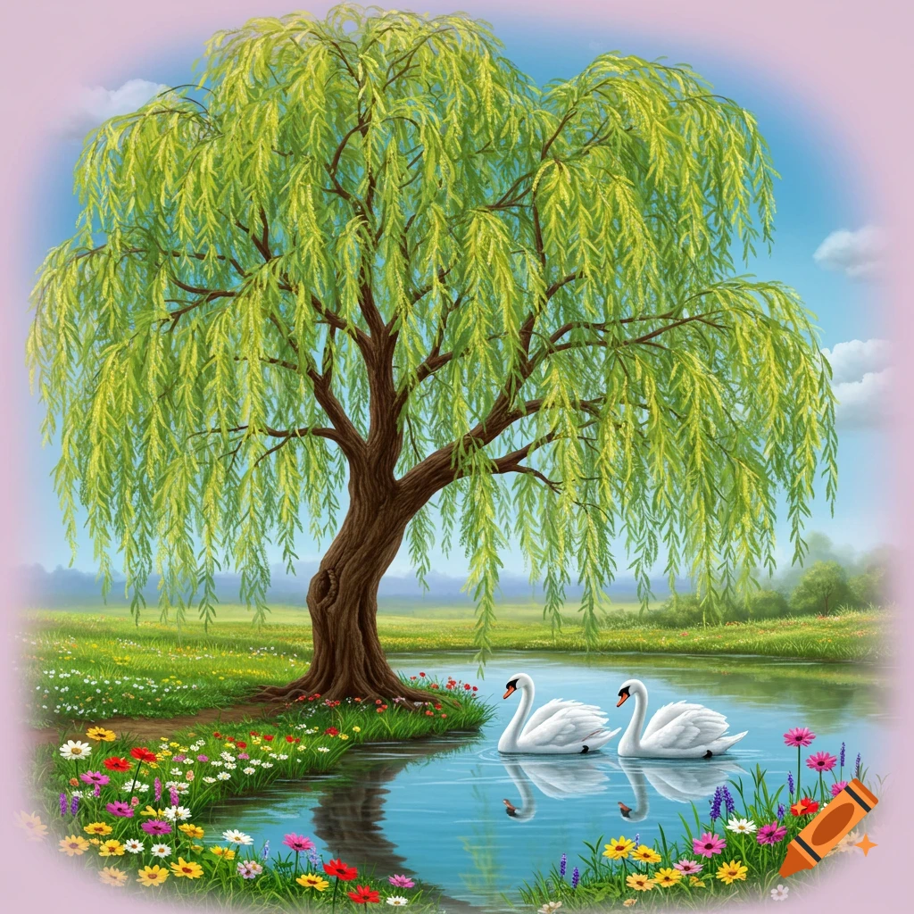 A willow tree stands beside a pond with two swans and flowers along the shore.