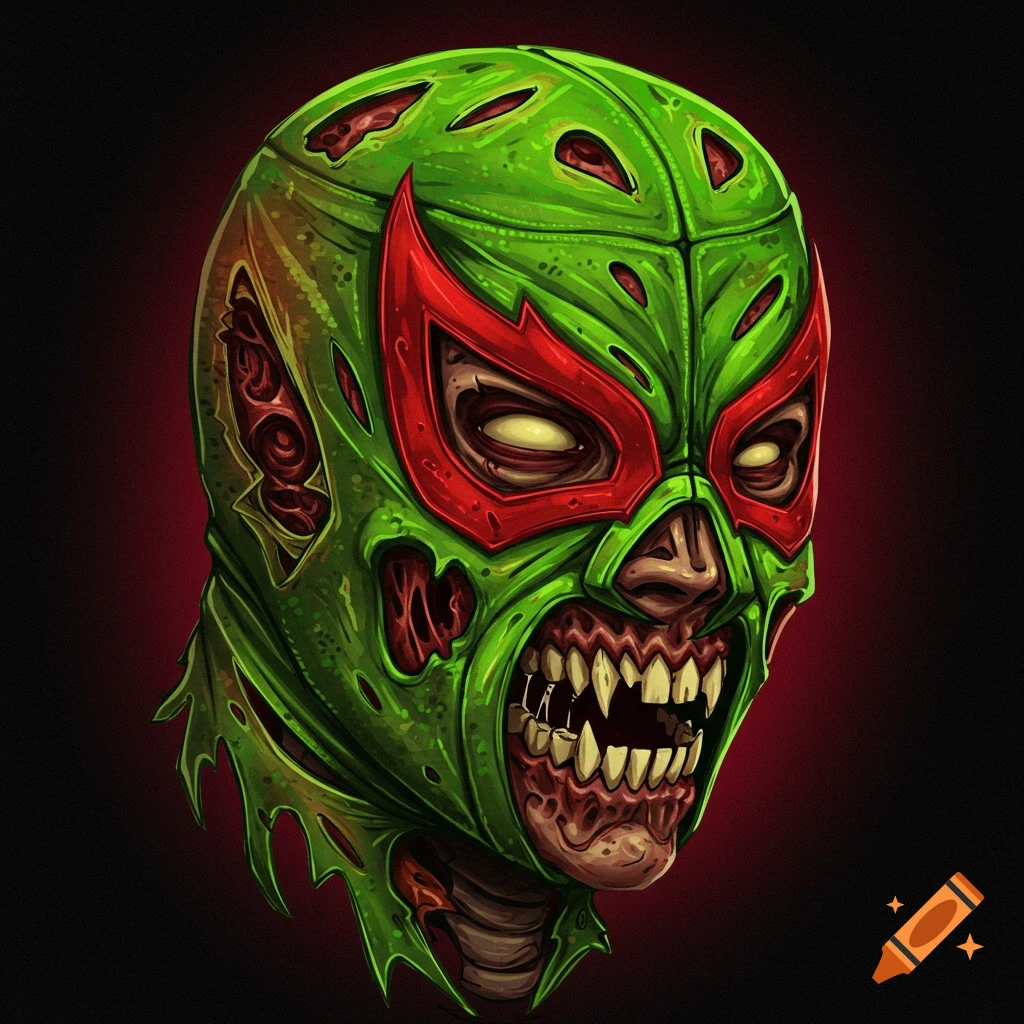 A zombie wears a torn green and red luchador mask, revealing sharp teeth and exposed flesh.