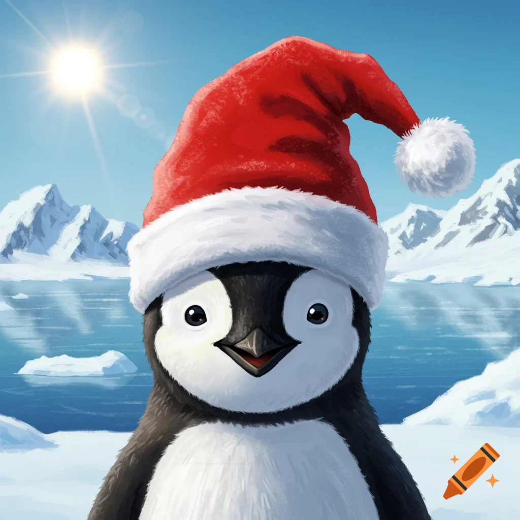 A cute penguin wearing a Santa hat in a snowy landscape