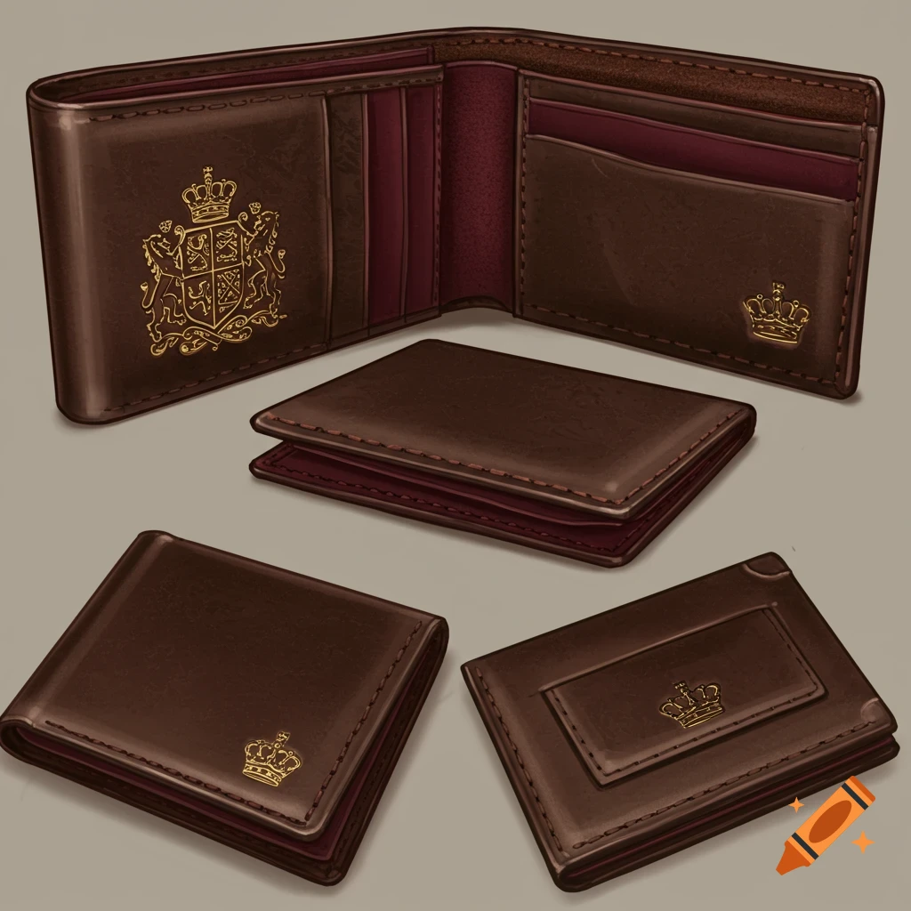 Brown leather wallets with gold crests and crowns shown from multiple angles.