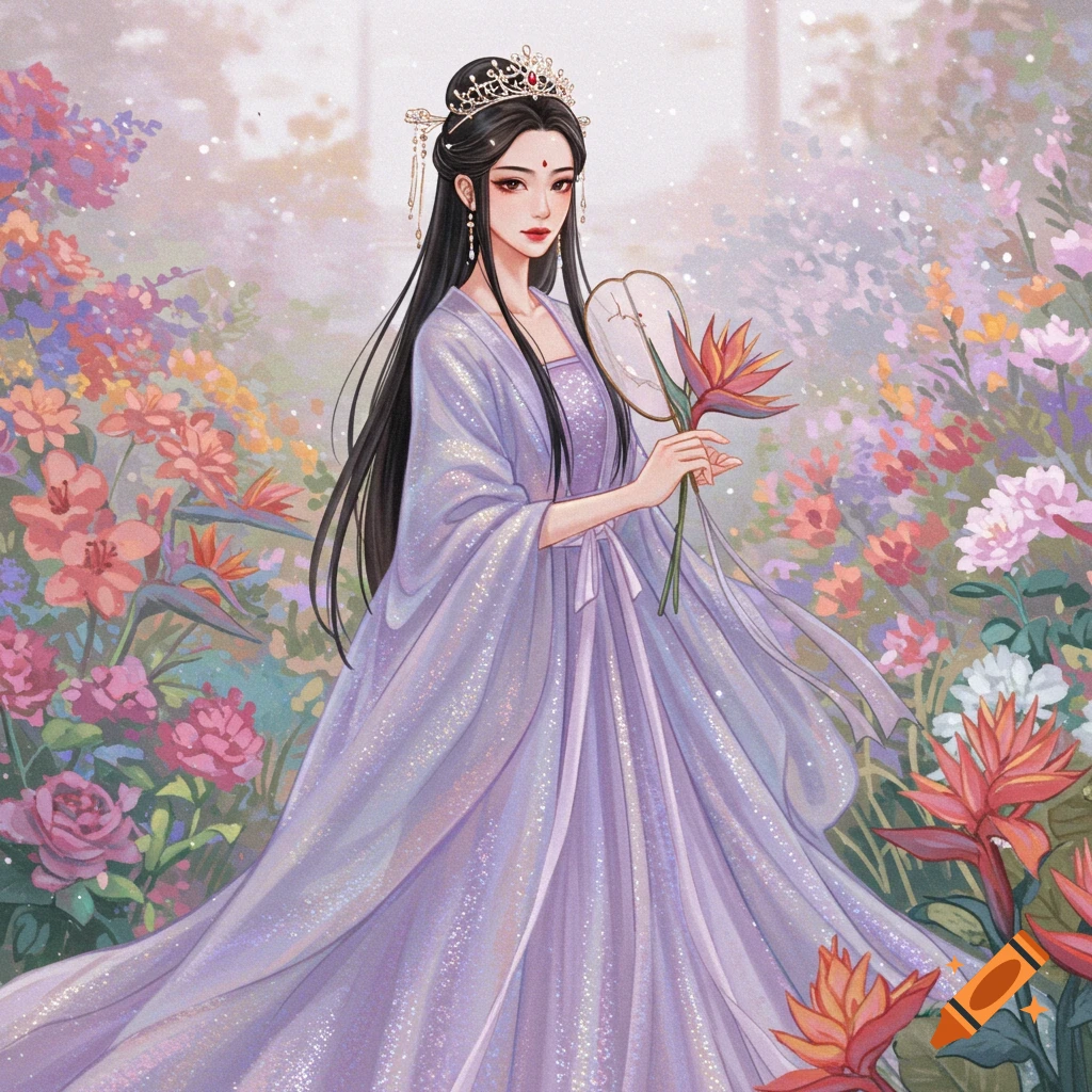 An elegant woman in a purple flowing dress and crown stands among colorful flowers.