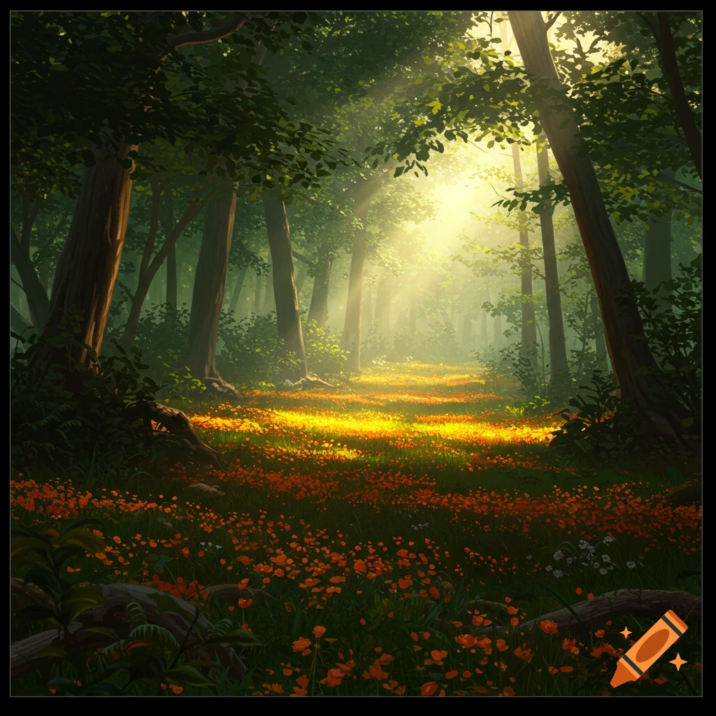 A sunlit forest path covered in orange flowers