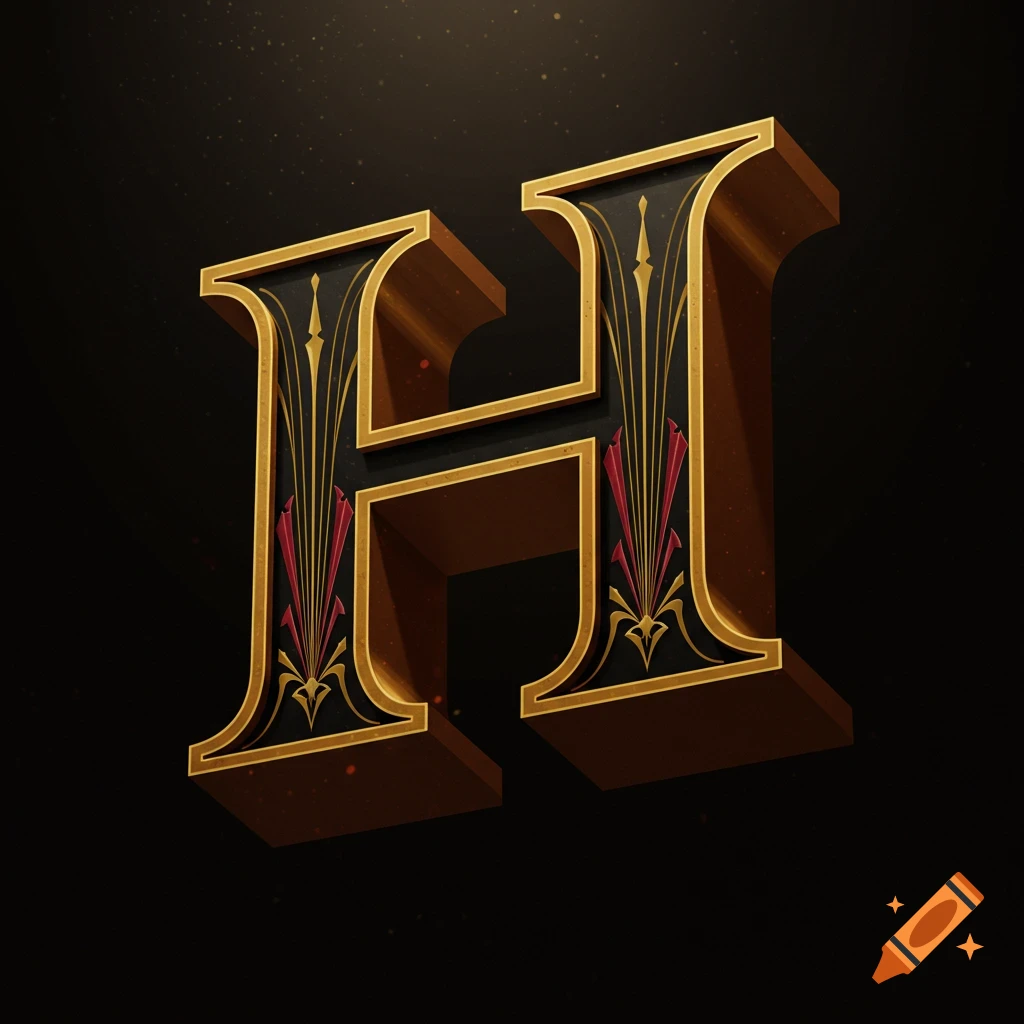 Stylized 3D gold and black letter H with red and gold decoration on dark background