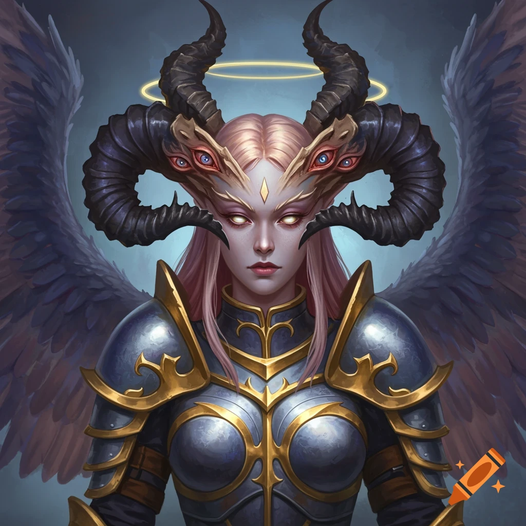 A female angel knight with horns covering her eyes and armor