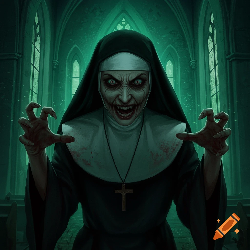 A scary demonic nun with sharp teeth and claws in a dark church