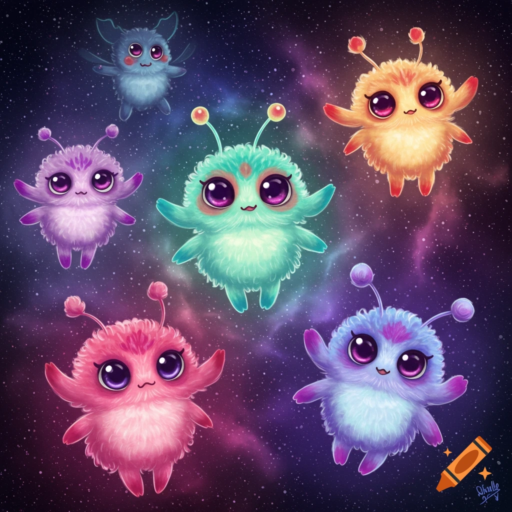 colorful fuzzy alien creatures floating in space