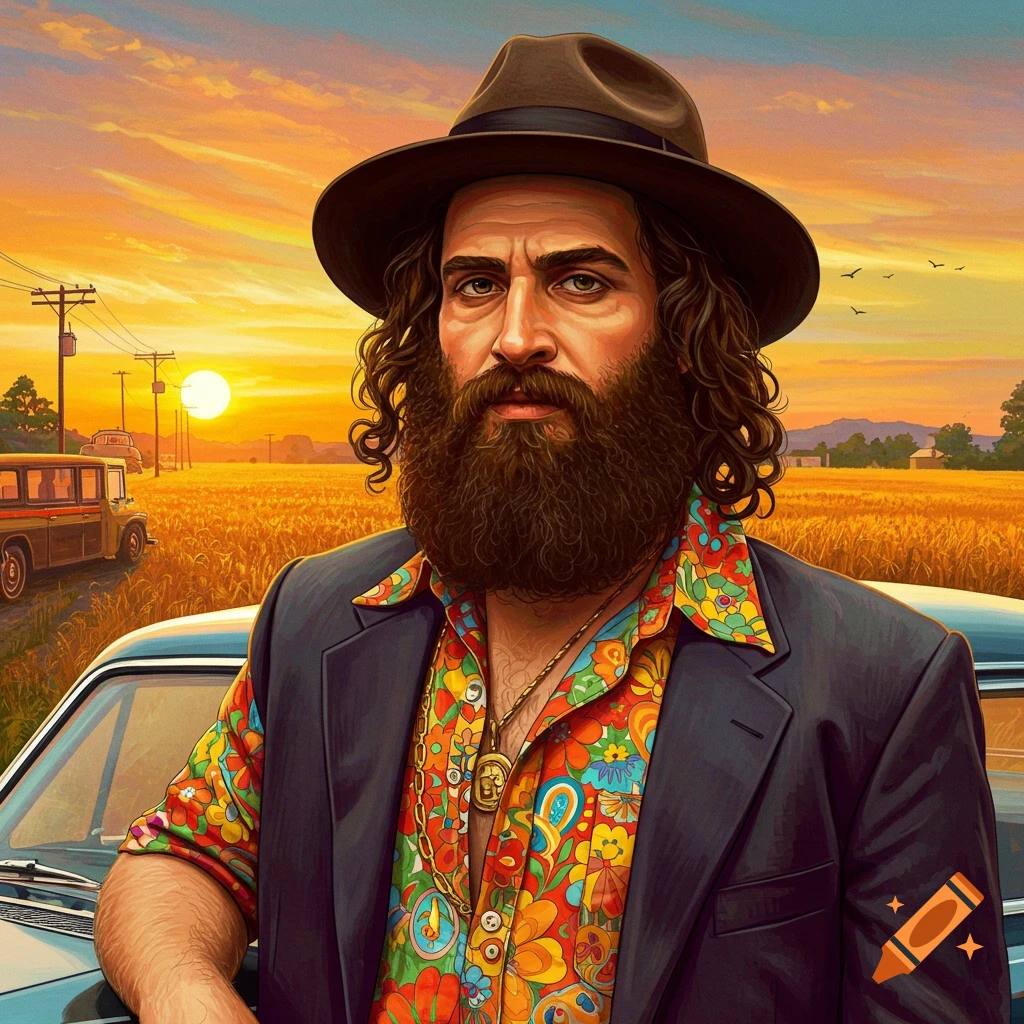 A man in a hat and colorful shirt stands in a field at sunset.