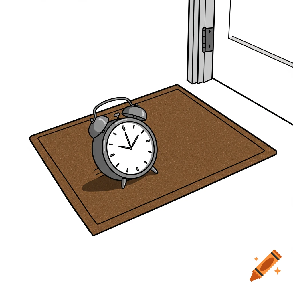 Line art illustration of an alarm clock on a doormat by a door.