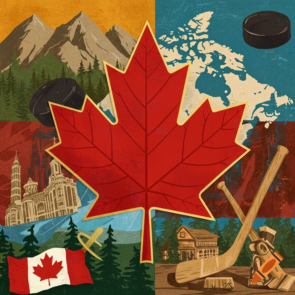 Stylized collage of Canadian symbols including maple leaf, mountains, map, hockey gear, buildings, cabin, and flag