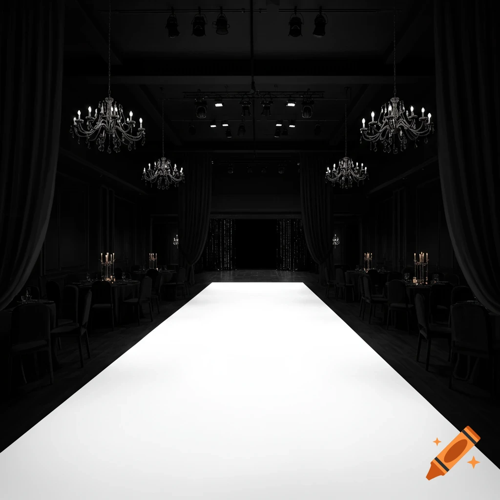 A dark room setup with a bright white runway leading to a dark stage, flanked by tables, chairs, and chandeliers.