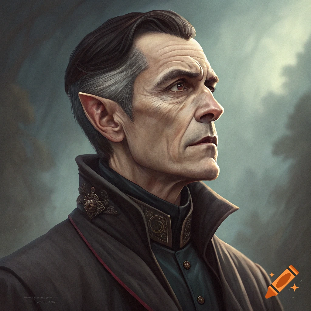 Profile portrait of an older elven man in a dark coat, looking away.